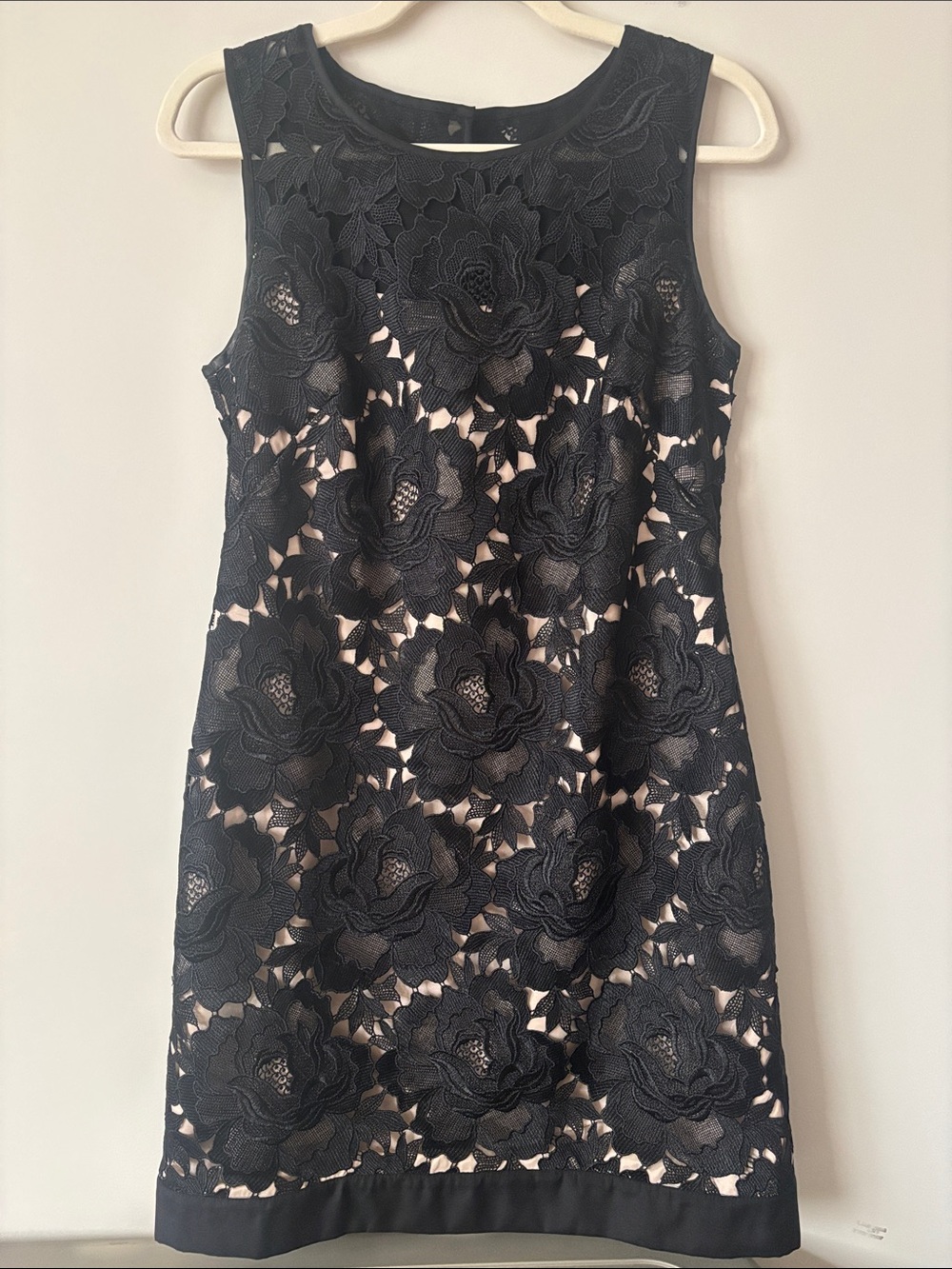White House Black Market Black Floral Lace Mini Dress with Nude Underlay
